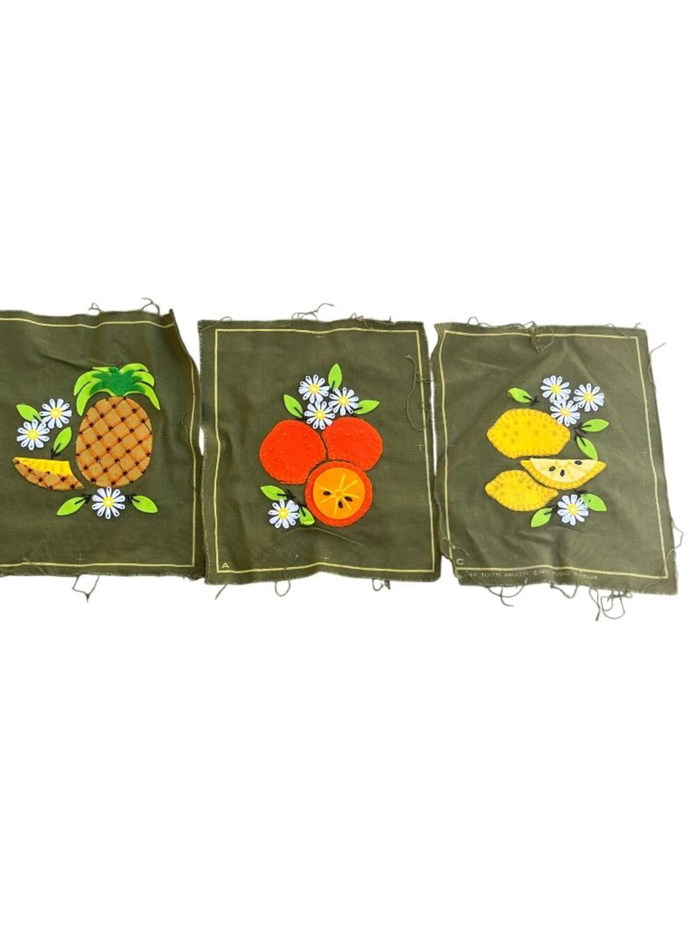 VTG 70s Embroidered Felt Wall Art Set 3 Pineapple Oranges Lemons Studio Twelve